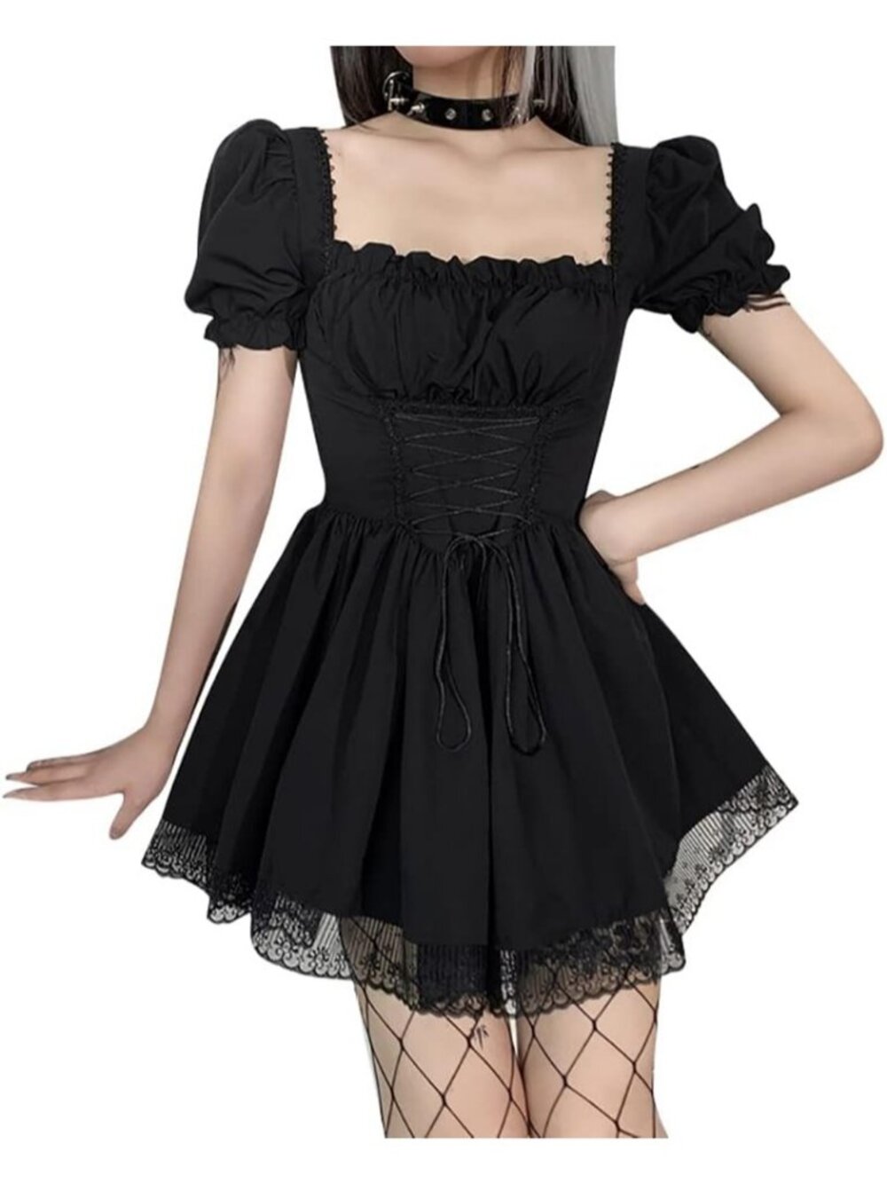 Women's Gothic Vintage Lace Black Short Sleeve Grunge Punk Cocktail Dress
